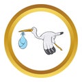 Stork with baby vector icon, cartoon style Royalty Free Stock Photo