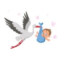 Stork with baby on a white background. Concept of greeting card, baby shower invitation. It`s a girl. Vector illustration in Royalty Free Stock Photo