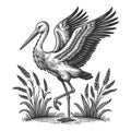 Stork bird engraving sketch vector illustration