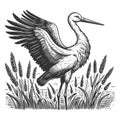 Stork bird engraving sketch vector illustration
