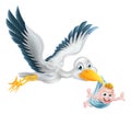 Stork bird flying holding newborn baby