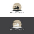 Stork Bird Logo, Heron, Grass, And River Design, Vector Simple Template illustration