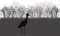 Stork bird stands in meadow among grass and weeds, plants, silhouette. Vector illustration