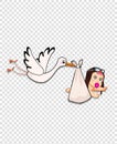 Stork bringing baby girl on transparent background.