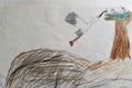 Stork bringing a frog for food for the little ones, colored pencis drawing