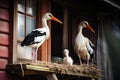 stork bringing newborn to new home, with view of welcoming family