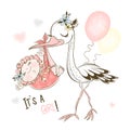 The stork brought the baby girl. Happy birthday. Baby shower. Vector