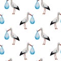Stork brought a newborn baby seamless pattern, watercolor illustration isolated