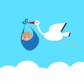 Stork carries a baby in bags above the clouds