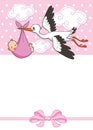 Stork carries baby girl . invitation template. vector, illustration. greeting