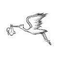 Stork carry baby engraving vector illustration Royalty Free Stock Photo
