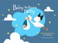 Stork carrying a baby in a bag and event details for Baby Welcome Party.