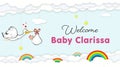 Stork Carrying Baby. Welcome Baby shower party banner for newborn baby clarissa Royalty Free Stock Photo