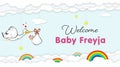 Stork Carrying Baby. Welcome Baby shower party banner for newborn baby freyja