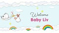 Stork Carrying Baby. Welcome Baby shower party banner for newborn baby liv