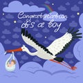 Stork carrying a cute baby in a bag. This is a boy Baby boy announcement card template. Vector postcard Royalty Free Stock Photo