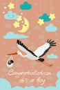 Stork carrying a cute black child in a bag. This is a boy Baby boy announcement card template. Vector postcard Royalty Free Stock Photo