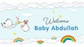 Stork Carrying Baby. Welcome Baby shower party banner for newborn baby Abdullah