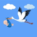 Stork flying with baby among the clouds in the blue sky.