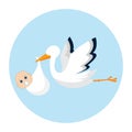 Stork carrying a newborn kid. Stork with babie. Cute baby boy with stork. Illustration for baby shower celebration. Baby shower Royalty Free Stock Photo