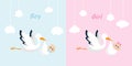 Stork carrying a newborn kid. Stork with babie. Cute baby girl and boy with stork. Illustration for baby shower celebration. Baby Royalty Free Stock Photo