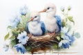 Stork chicks in a nest with blue flowers