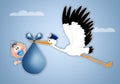 Stork delivering baby boy for birth Royalty Free Stock Photo