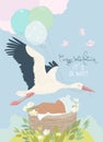 Stork delivering Baby Boy. It s a Boy. Baby Shower Card Royalty Free Stock Photo