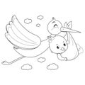 Stork delivering a new baby girl. Vector black and white coloring page Royalty Free Stock Photo