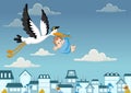 Stork delivering a newborn baby boy Royalty Free Stock Photo