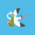 Stork delivering a newborn baby, flying bird carrying a bundle with crying kid, template for baby shower banner Royalty Free Stock Photo