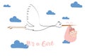 Stork with baby. It s A Girl! vector illustration