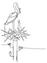 Stork feeds a chick in a nest on a electrical pole. Editable vector minimalistic image made in continuous one-line art technique