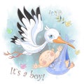 Stork flies with baby boy. Baby shower. Postcard for the birth of a baby. Vector. Watercolor