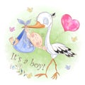 Stork flies with baby boy. Baby shower. Postcard for the birth of a baby. Vector. Watercolor. Royalty Free Stock Photo