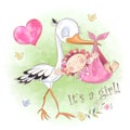 Stork flies with baby girl. Baby shower. Postcard for the birth of a baby. Vector. Watercolor.