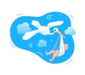 A stork flies with a newborn baby. The birth of a baby. Symbol of the birth. Vector flat illustration.