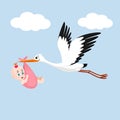 Stork flying with baby among the clouds in the blue sky.