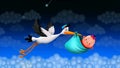 Stork flying holding a bag with a baby, best loop video screen background for lullaby to put a baby to sleep, calming relaxing