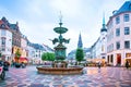 Stork Fountain on the Amagertorv Amager Square and the longest pedestrian street in the world Stroget in Copenhagen Copenhagen,