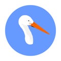 Stork head illustration isolated on blue background. Visitant, bird migration symbol. Baby time. Spring coming.