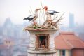 stork nest on chimney with cityscape