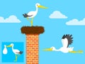 Stork in nest on chimney and flying Royalty Free Stock Photo