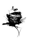 Stork on the nest. Good for tattoo. Editable vector monochrome image with high details isolated on white