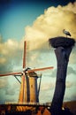 Stork nest next to traditional Holland mill Royalty Free Stock Photo