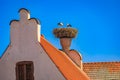 Stork nest on a roof of a half timbered house in Riquewihr, Alsatian, France Royalty Free Stock Photo