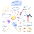 Stork With Newborn Baby,heart,clouds,star,balloon,letter And Floral.