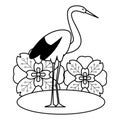 Stork standing bird cartoon symbol in black and white