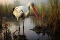 a stork standing in a marsh, fish wriggling in its beak Royalty Free Stock Photo