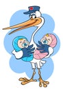 Stork with twins. Cartoon stork with a newborn. Vector color drawing of a cheerful stork with twins Royalty Free Stock Photo